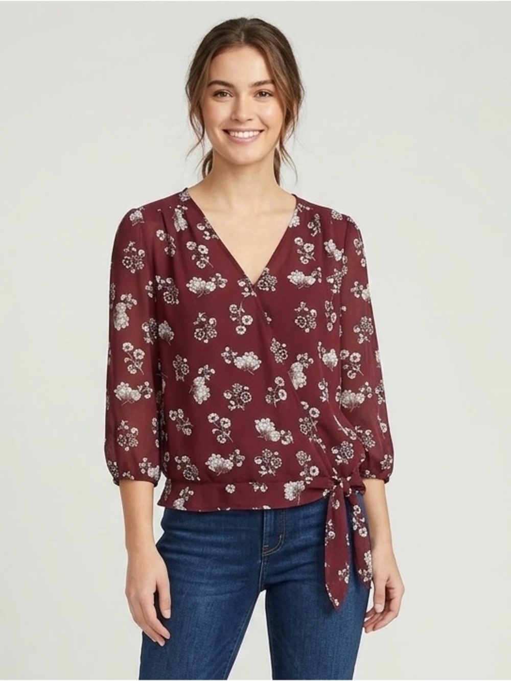 LOFT Burgundy Floral Wrap-Side Blouse